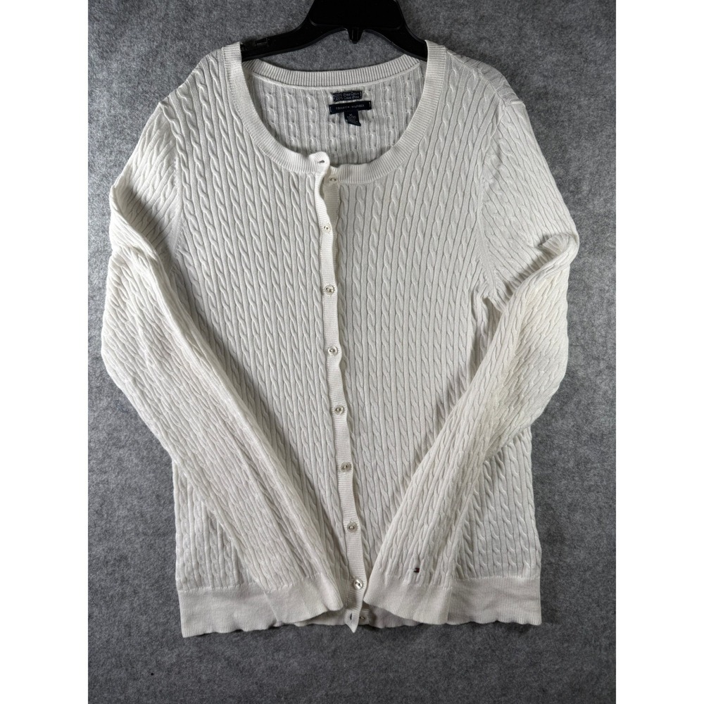 Tommy Hilfiger Womens XL White Pima Cotton Cable Knit Button Front Cardigan